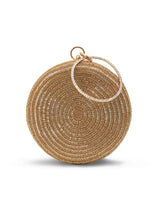 Gold round clutch bag with a shimmering finish, stylishly crafted by The Tan Clan for elegant evening occasions.