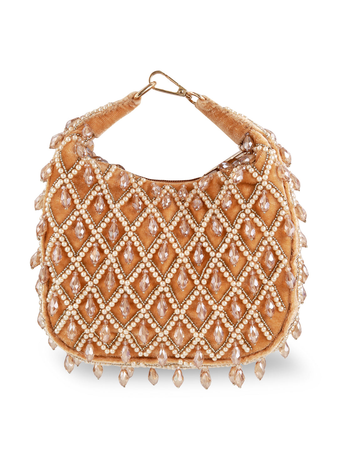 Pearl half moon batua bag by The Tan Clan featuring intricate design and elegant craftsmanship, perfect for traditional occasions.