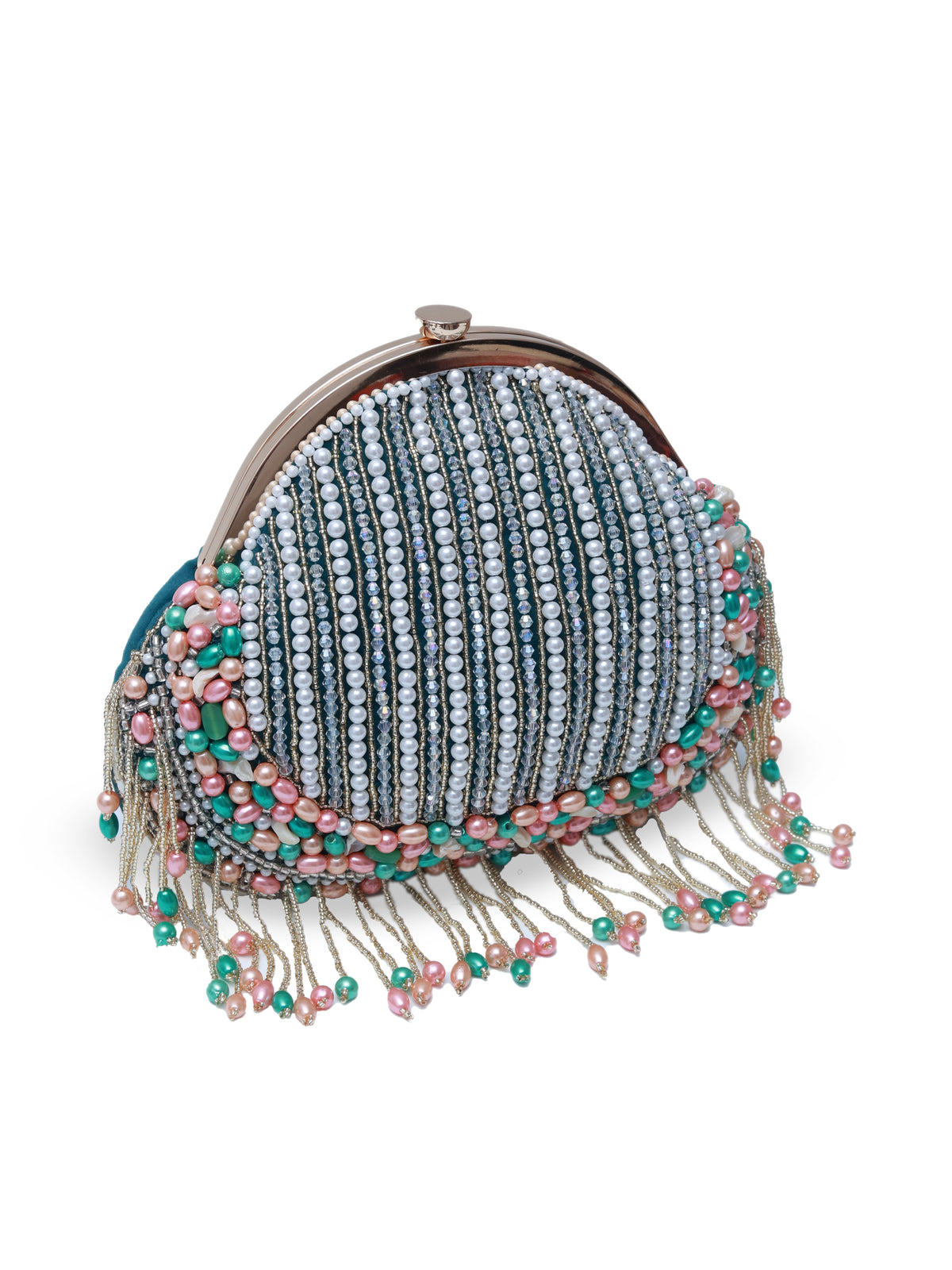 Pearl tasselled batua bag with detachable handle by The Tan Clan, featuring intricate detailing and traditional design.