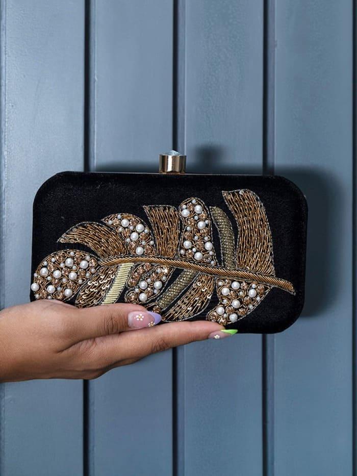 Afrah Hand Embroidered Leaf Clutch - The Tan Clan