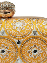 Yellow oval clutch bag by The Tan Clan with a sleek design and compact shape, perfect for evening or special occasions.