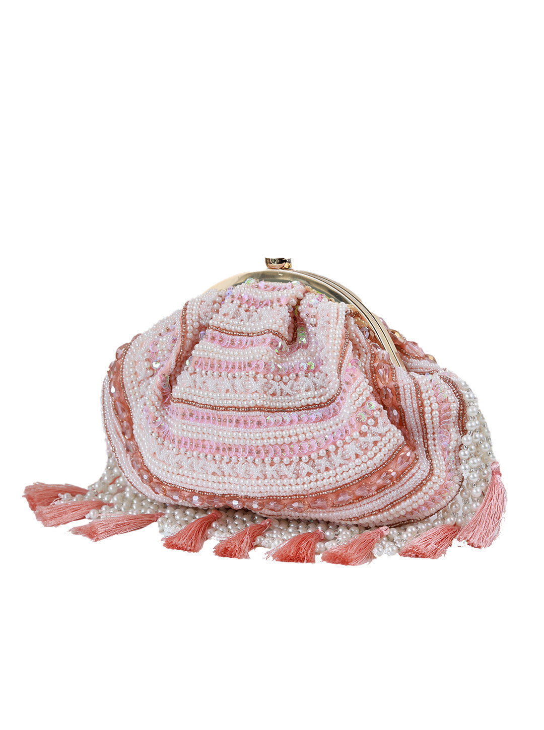 Tan Tan Clan Nora tasselled half moon batua bag with fringe detailing and adjustable strap, stylish accessory for casual or evening wear.