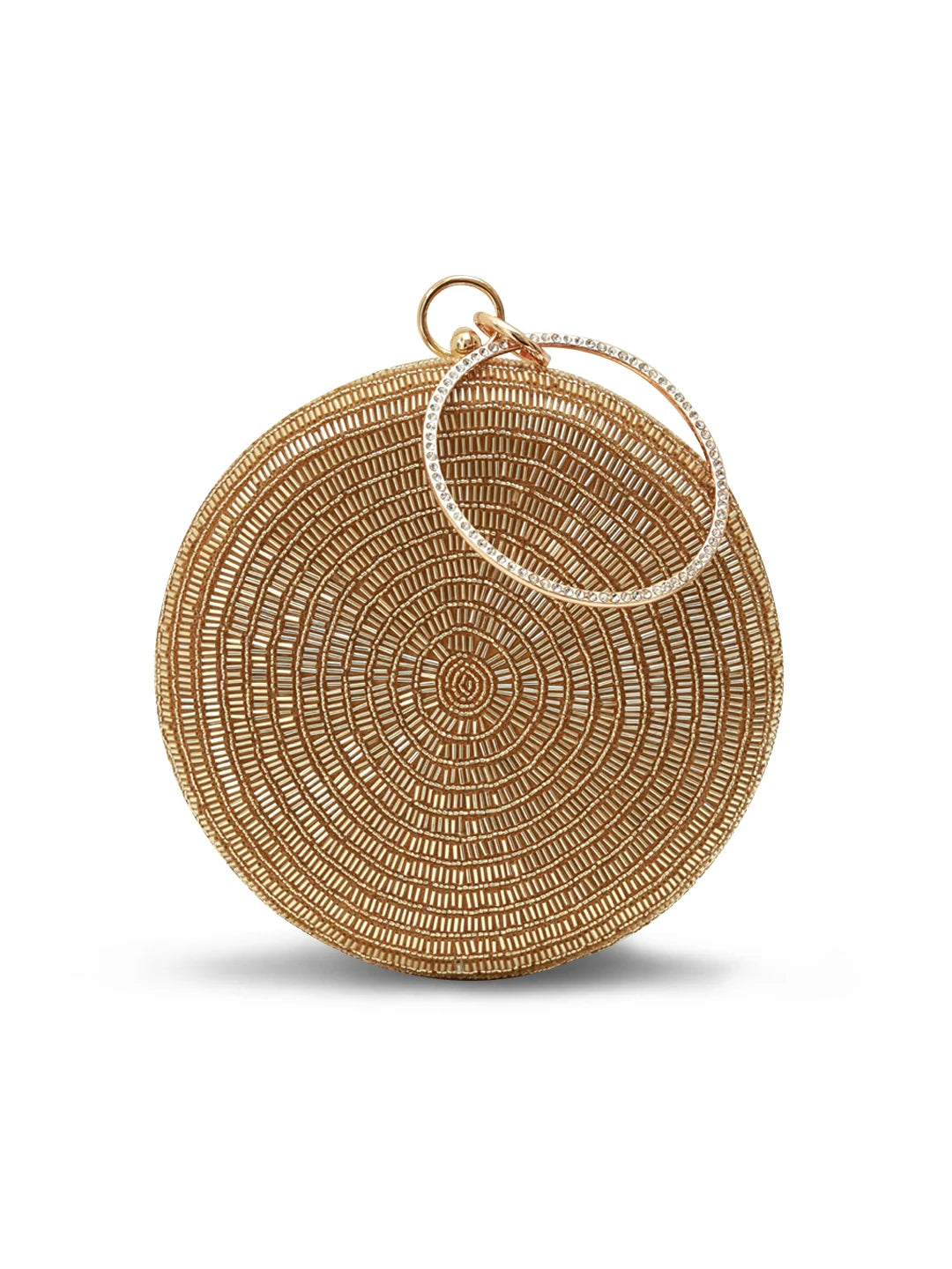 Gold circular woven handbag with a handle on a white background