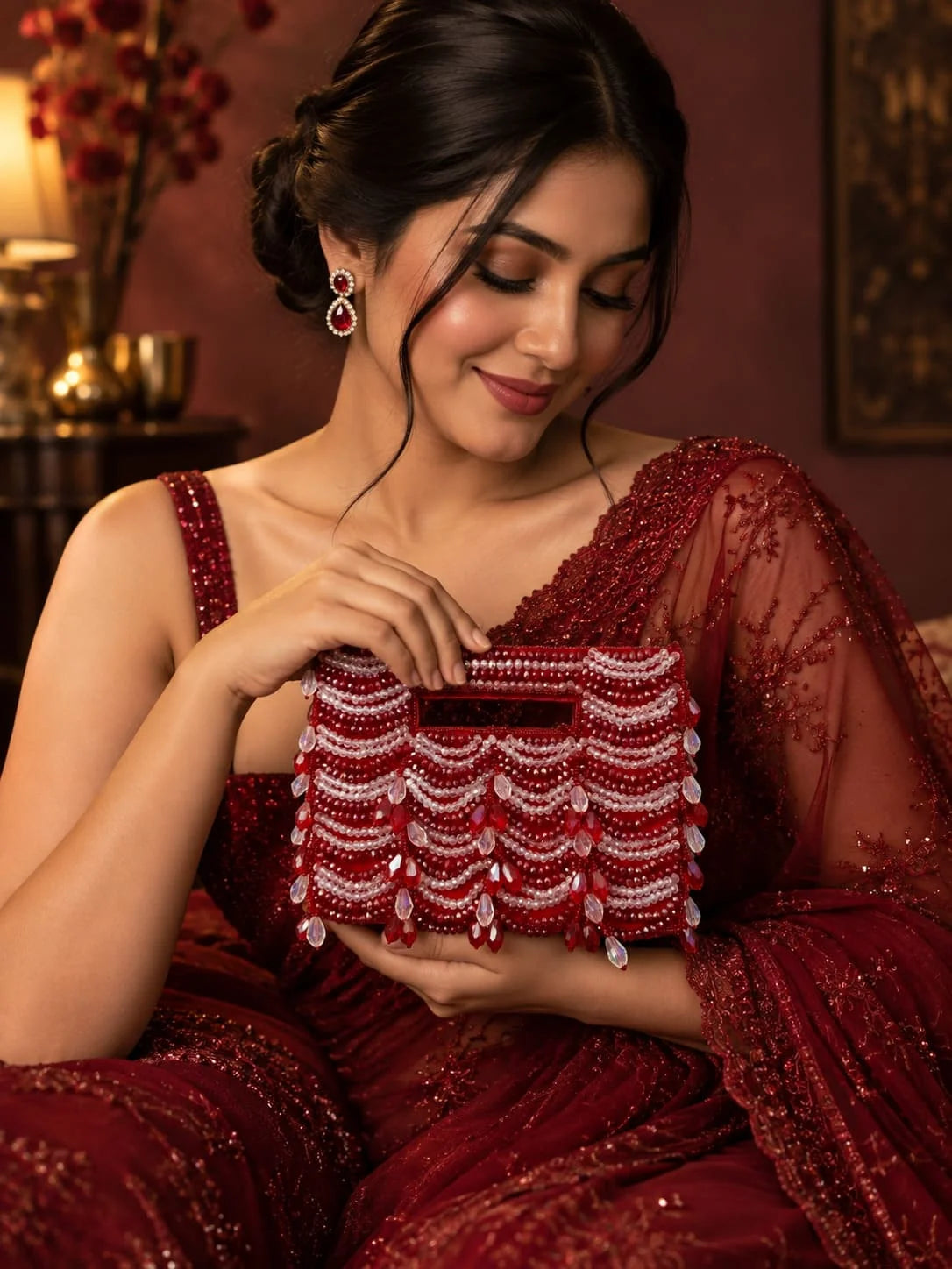 Lara red handcrafted beaded bag by THE TAN CLAN with intricate beadwork and a compact, stylish design.