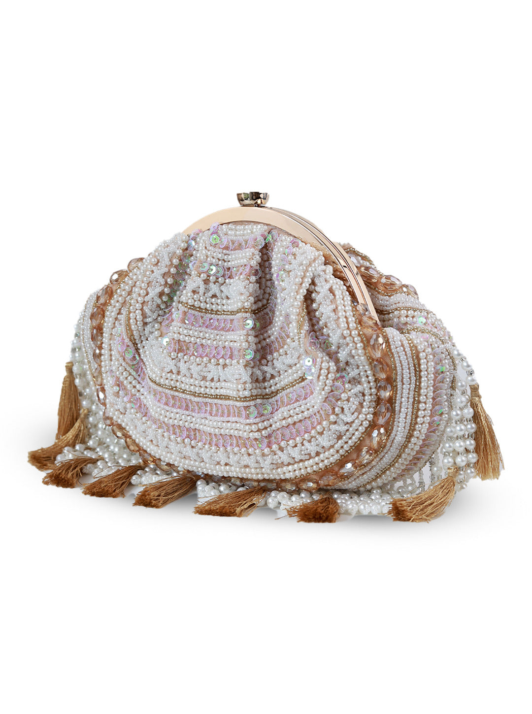 Tan Tan Clan Nora tasselled half moon Batua bag with woven design and tassel details, stylish accessory for casual and festive wear.