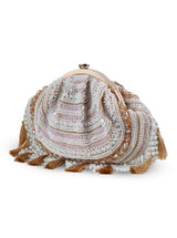 Tan Tan Clan Nora tasselled half moon Batua bag with woven design and tassel details, stylish accessory for casual and festive wear.