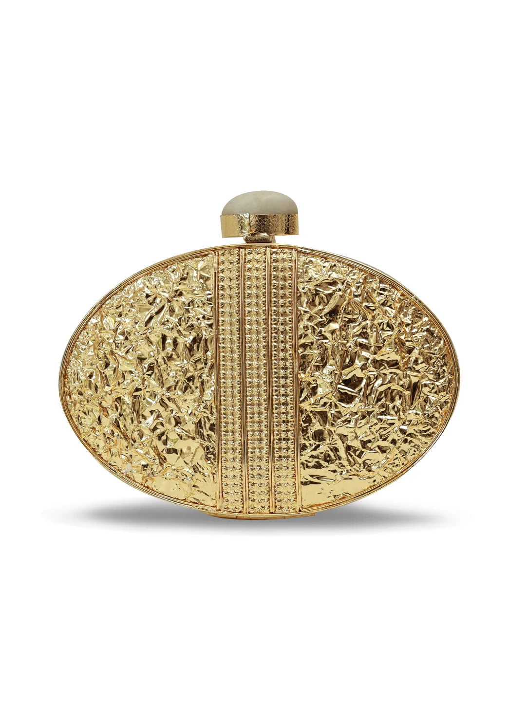 Gold clutch with intricate design on a white background