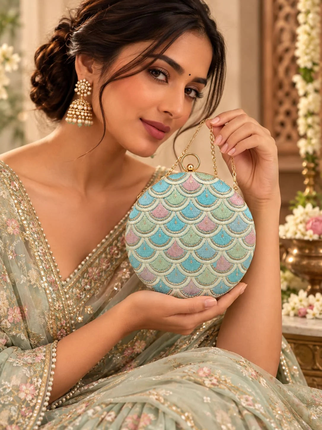 Veda round embroidered clutch by THE TAN CLAN featuring intricate embroidery and a compact, stylish design.