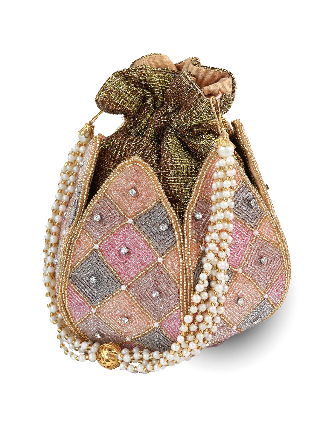 Juhi Lotus Potli bag by The Tan Clan with pearl handle, featuring a floral lotus design and elegant, traditional style.