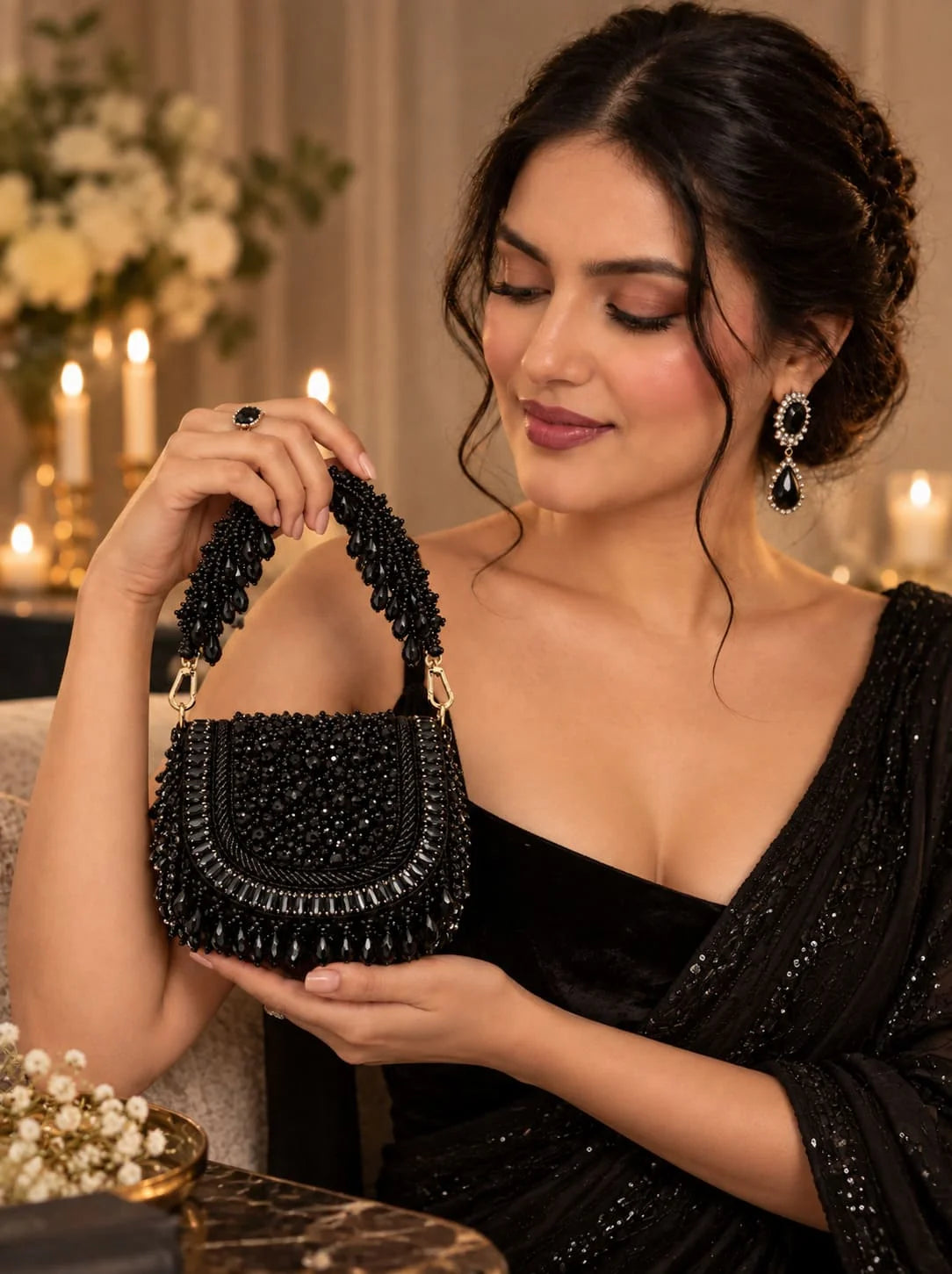Zeenat Black Beaded Mini Flap bag by THE TAN CLAN with intricate bead detailing and a compact, stylish design