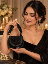 Zeenat Black Beaded Mini Flap bag by THE TAN CLAN with intricate bead detailing and a compact, stylish design