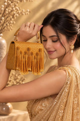 Maria Gold handcrafted beaded tasselled bag with intricate beadwork and tassel details, crafted by THE TAN CLAN.