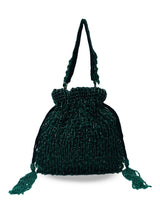 Rosa green Potli bag with handle from The Tan Clan, featuring traditional drawstring closure and decorative details.