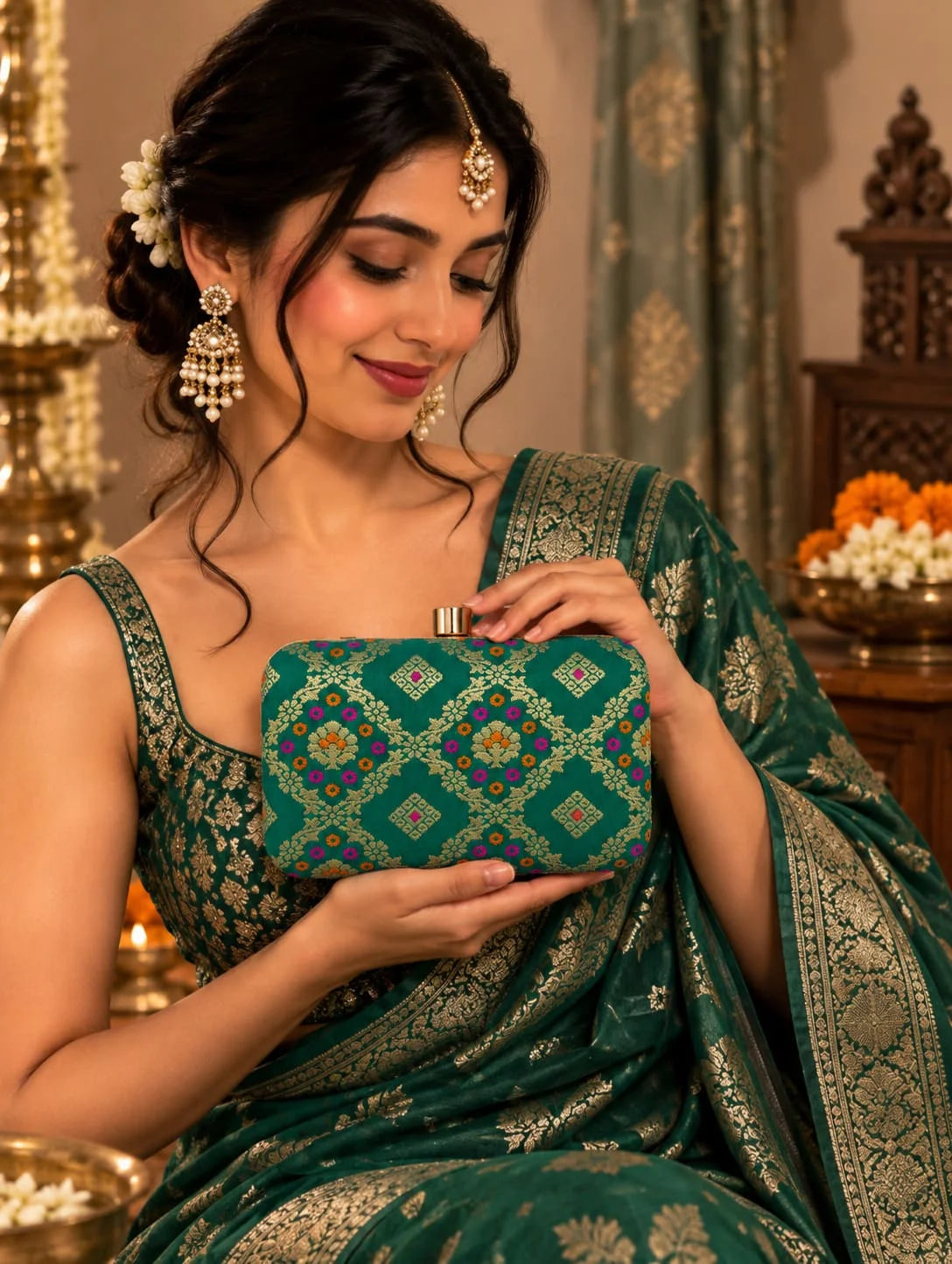 Light green box clutch by THE TAN CLAN featuring a sleek design and compact size for elegant occasions.