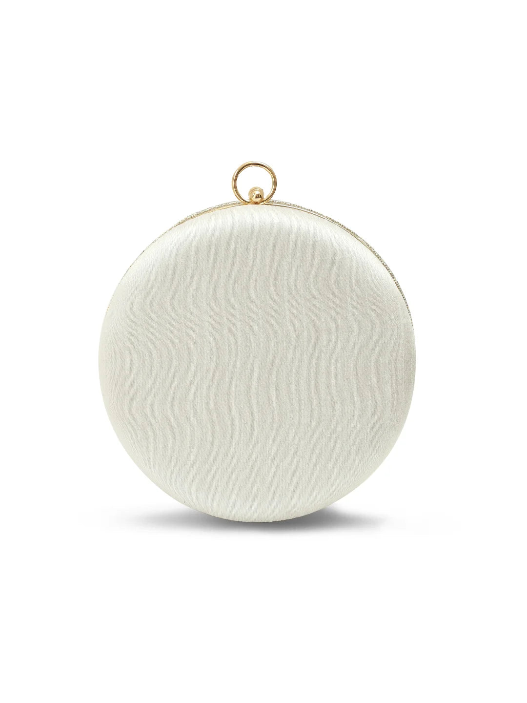 Round white clutch bag with gold handle on a white background