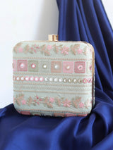 Pink floral Phulwaari box clutch by The Tan Clan with intricate embroidery and a compact, elegant design.