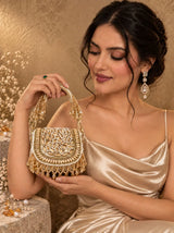 Zeenat Gold Beaded Mini Flap handbag by THE TAN CLAN with intricate beaded detailing and compact design.