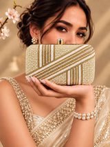 Zara Pearl Box Clutch by THE TAN CLAN, elegant white pearl-adorned evening bag with a gold clasp and sleek rectangular shape.