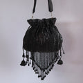 THE TAN CLAN Twinkle Heavy Tassles Potli with Handle - Black