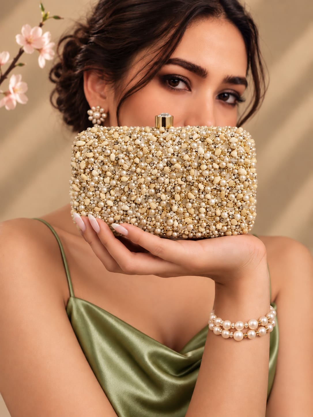 Kate Pearl Box Clutch by THE TAN CLAN featuring a sleek pearl-embellished design and rectangular shape for elegant occasions