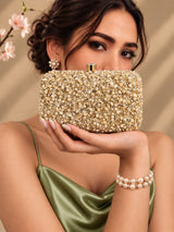 Kate Pearl Box Clutch by THE TAN CLAN featuring a sleek pearl-embellished design and rectangular shape for elegant occasions