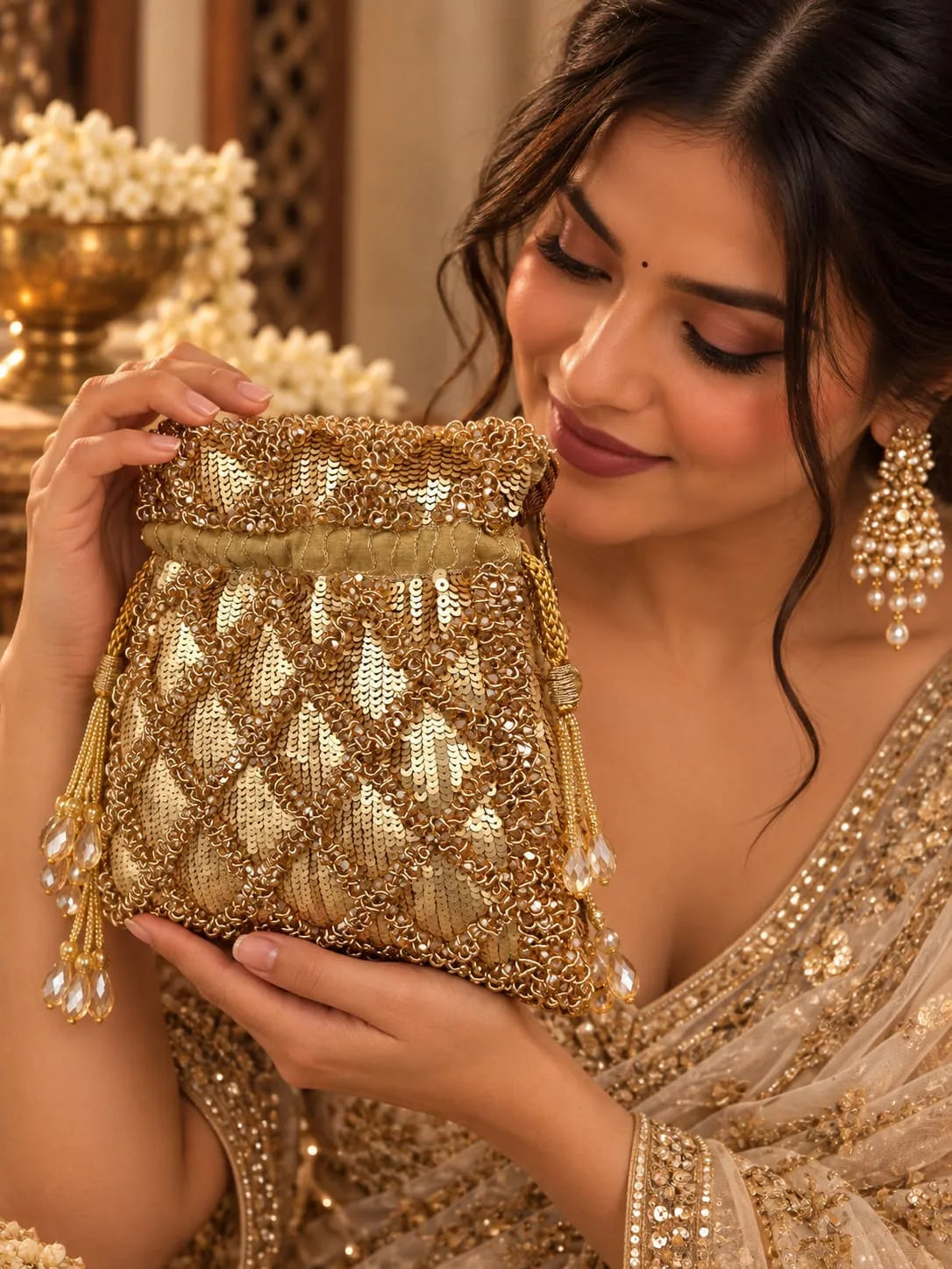 Golden sequined tasselled potli bag by THE TAN CLAN with intricate embroidery and decorative tassels for traditional occasions.