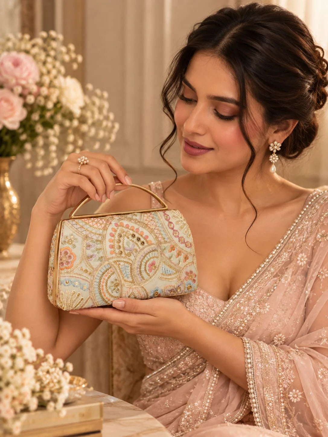 Resham capsule embroidered clutch bag by THE TAN CLAN featuring intricate embroidery and a sleek design for elegant occasions.