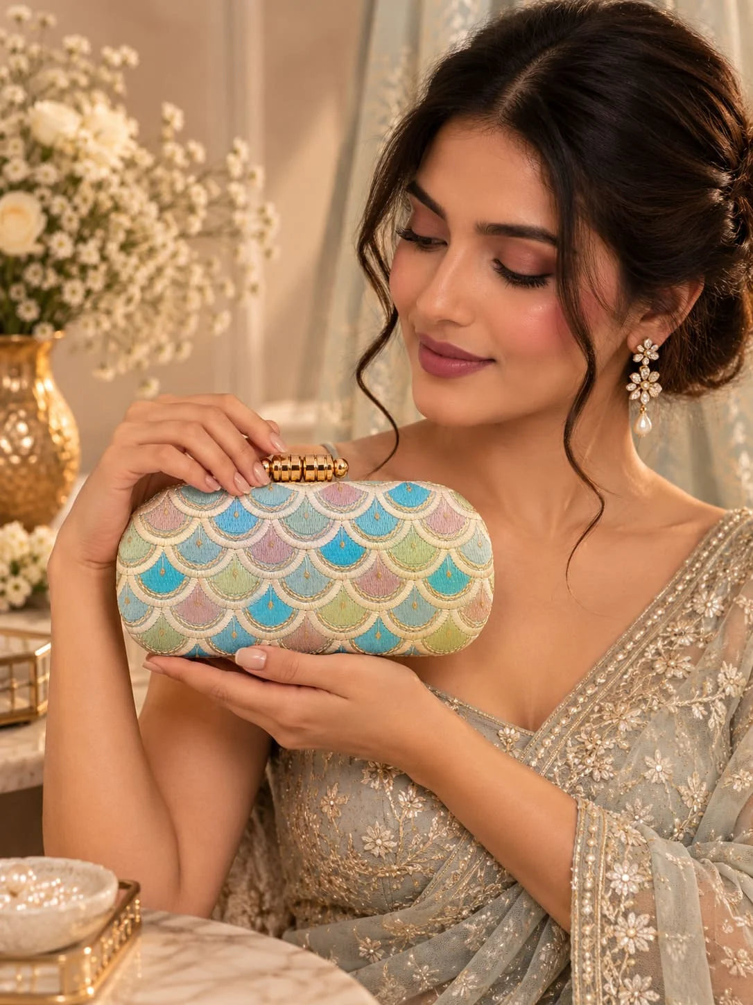 Veda long embroidered clutch by THE TAN CLAN with intricate embroidery and elegant design, perfect for evening accessories.