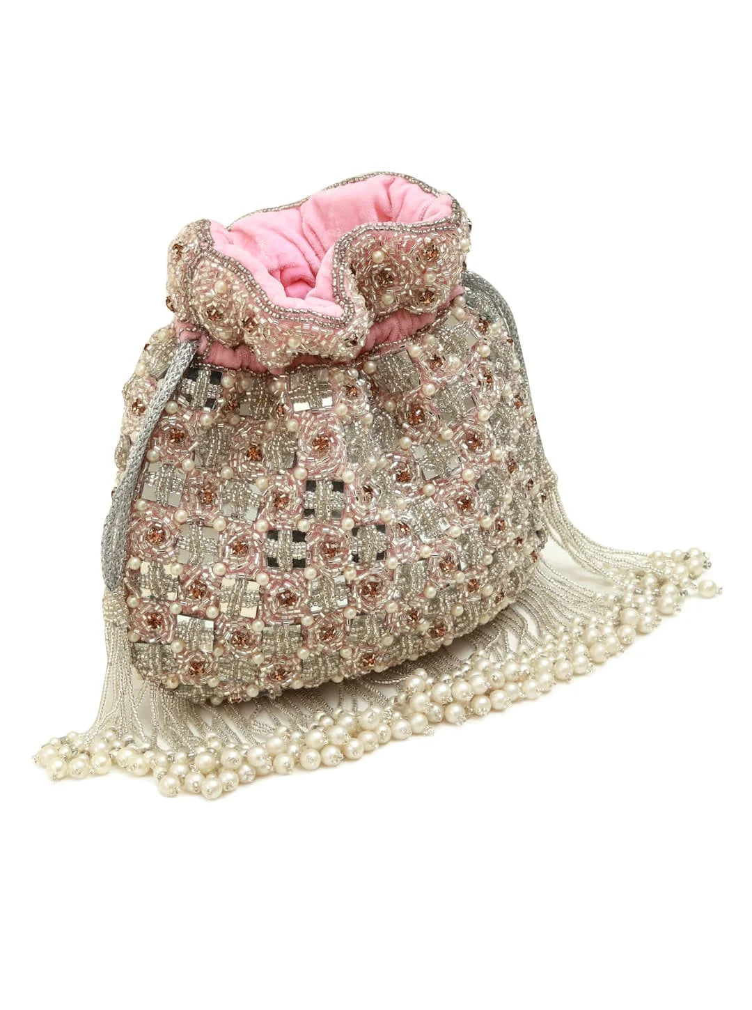 Decorative handbag with pink interior and pearl embellishments on a white background