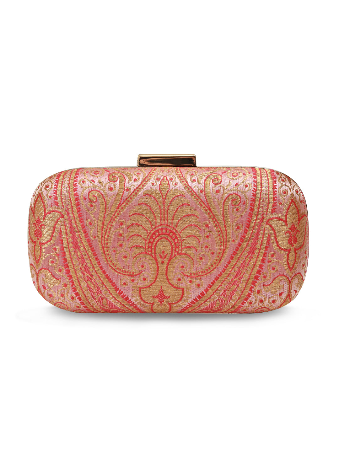 Pink Elora Banarasi long clutch by The Tan Clan with intricate gold and pink embroidery and a sleek, elegant design.