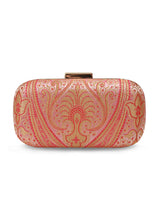 Pink Elora Banarasi long clutch by The Tan Clan with intricate gold and pink embroidery and a sleek, elegant design.