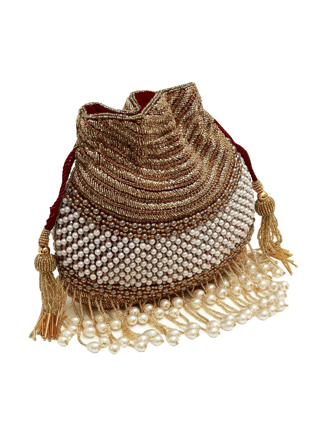 Decorative handbag with beaded and pearl details on a white background