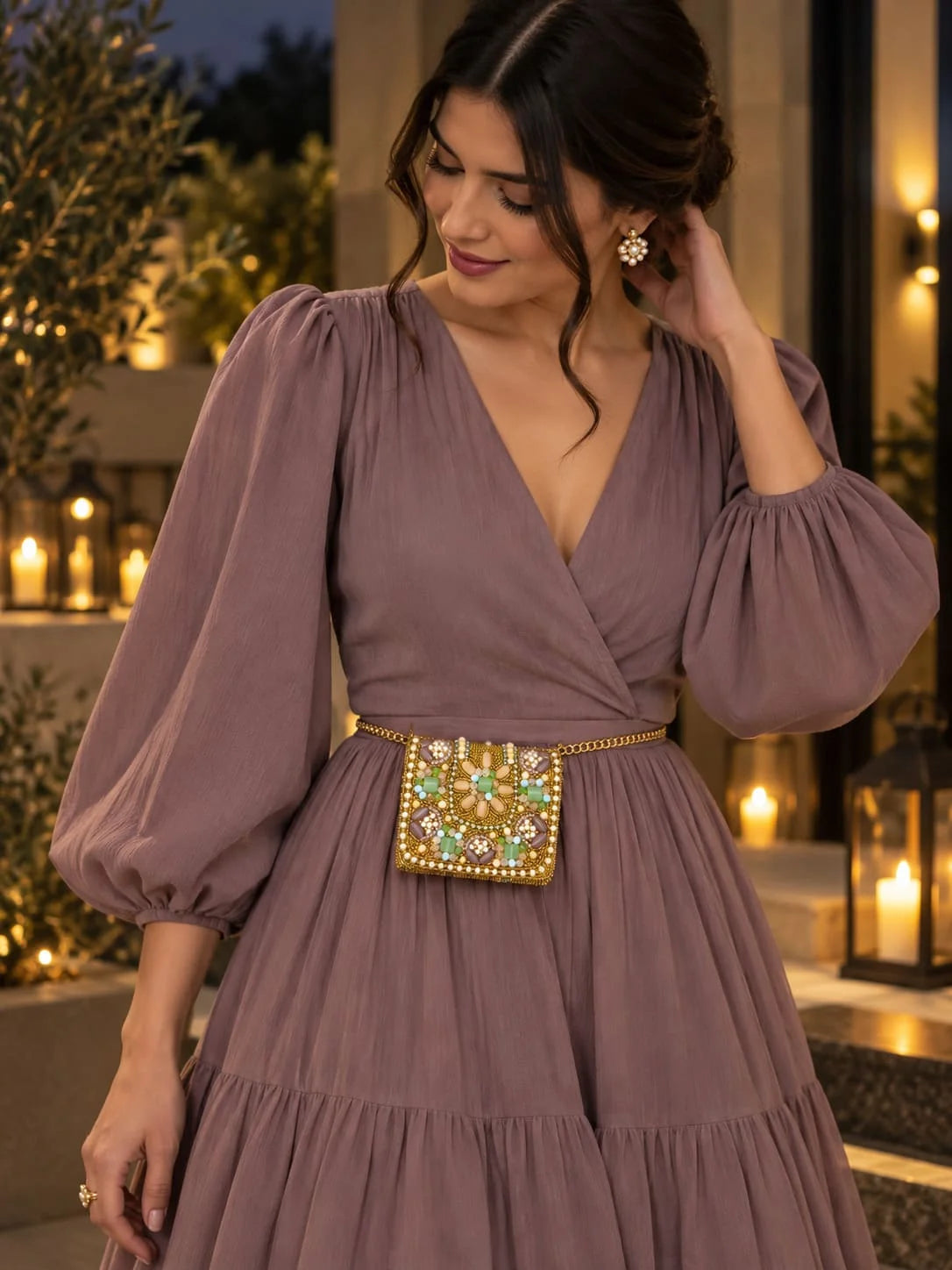 Gold embroidered mini flap purse with hand embroidery by THE TAN CLAN, showcasing intricate detail and compact design.