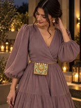 Gold embroidered mini flap purse with hand embroidery by THE TAN CLAN, showcasing intricate detail and compact design.