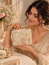 Resham Square Embroidered Clutch by THE TAN CLAN featuring intricate embroidery and a sleek square design.