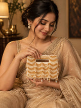 Lara white handcrafted beaded bag by THE TAN CLAN with intricate beadwork and a compact, stylish design.