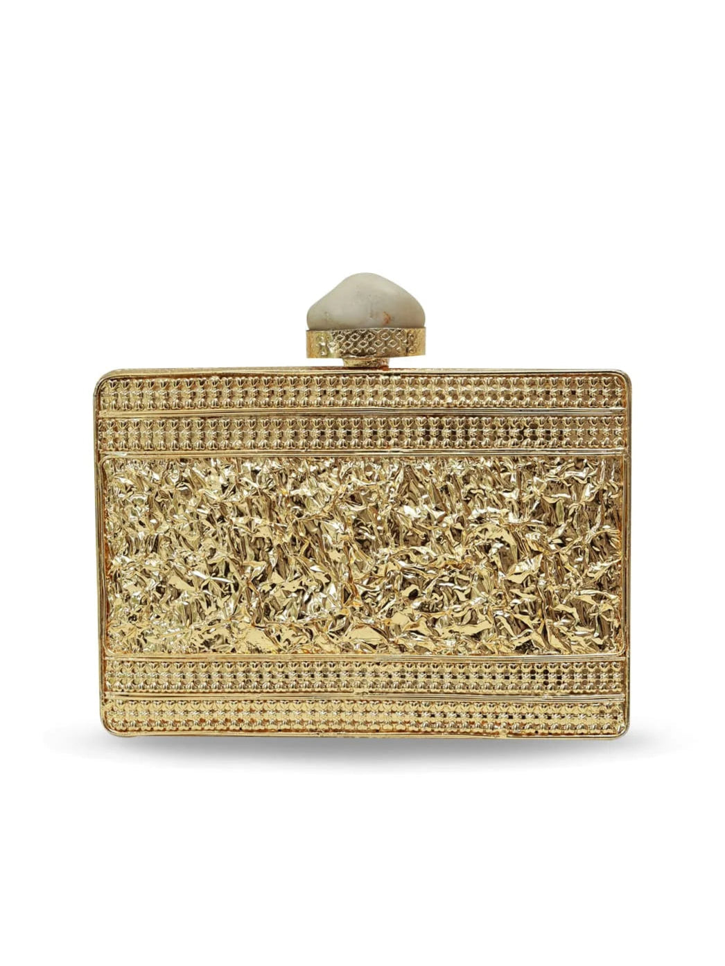 Gold clutch bag with textured surface on a white background