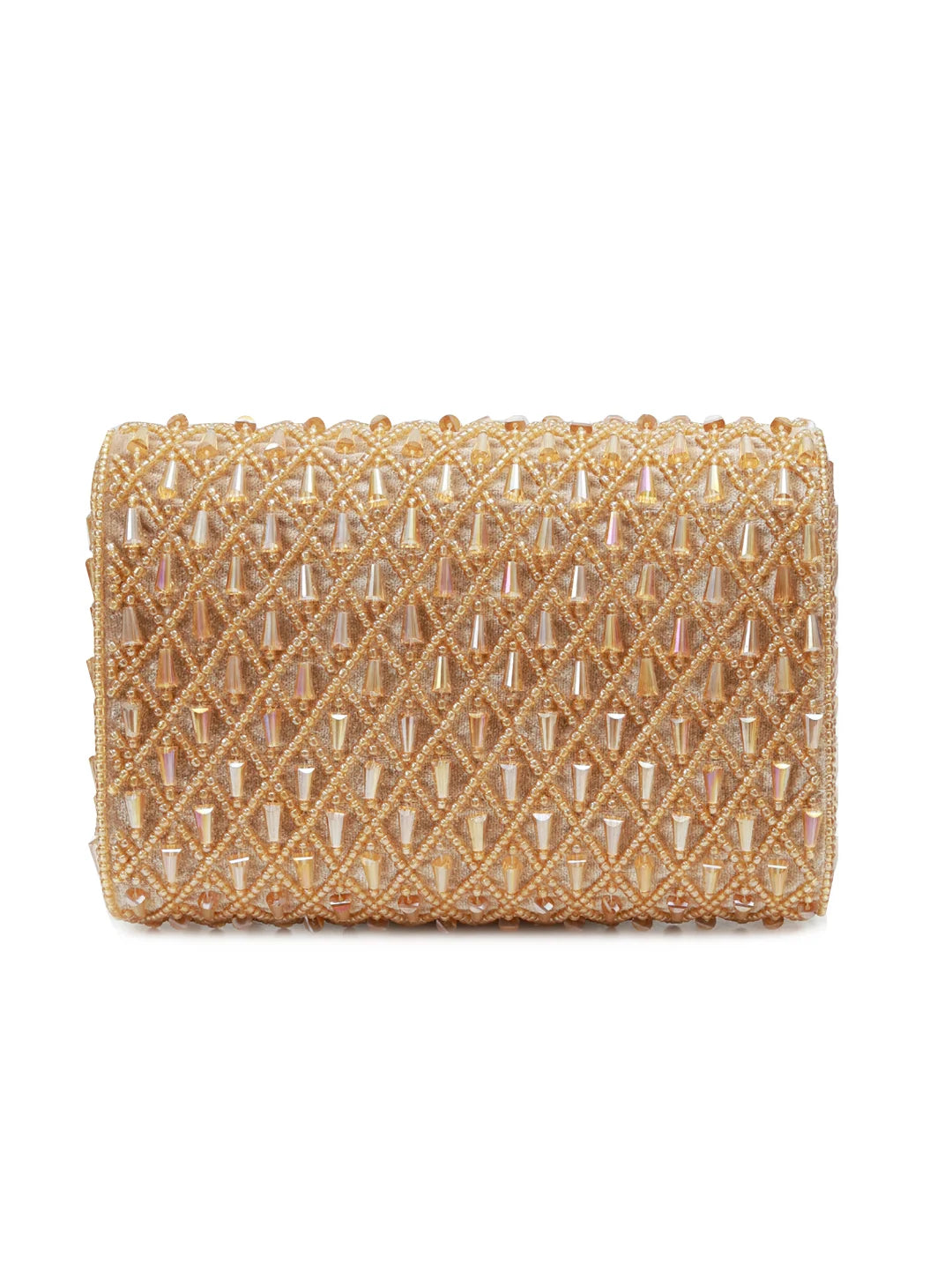 Gold beaded clutch bag on a white background