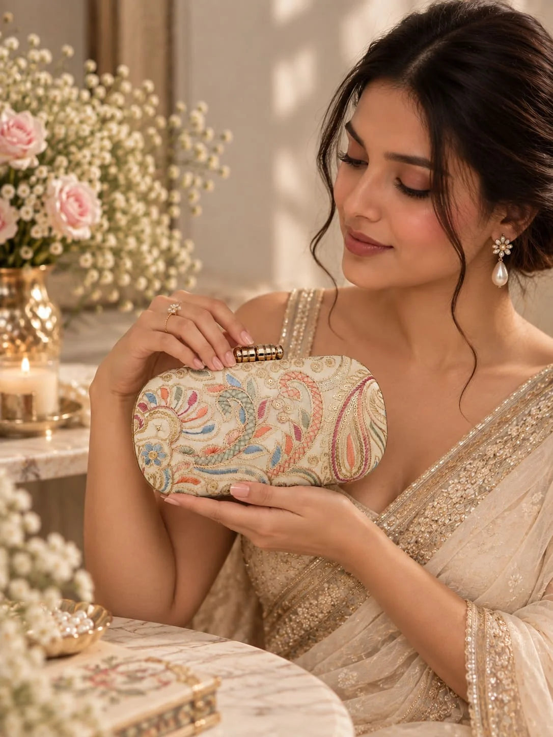 Kalki long embroidered clutch bag by THE TAN CLAN with intricate embroidery and elegant design for special occasions.