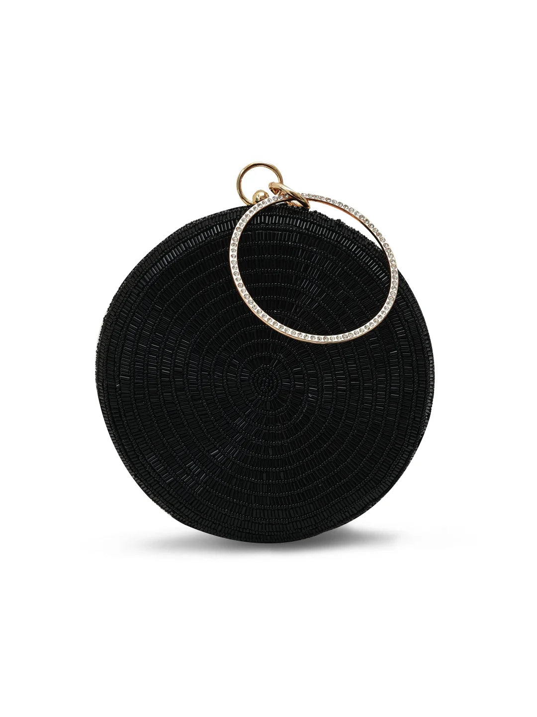 Black round woven clutch with a gold ring on a white background
