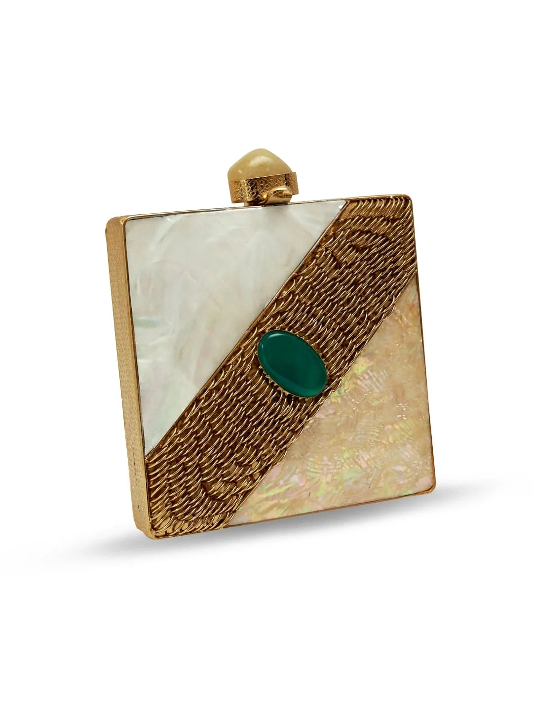 Rectangular clutch with gold and wood accents on a white background