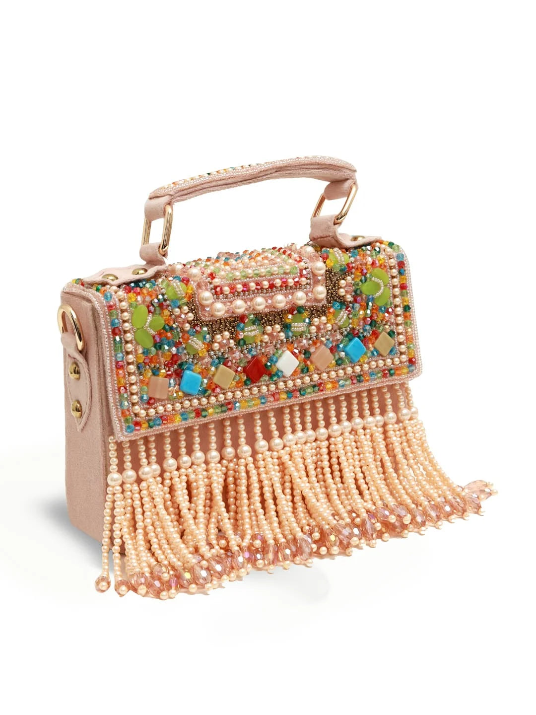 Decorative handbag with colorful embellishments and fringes on a white background