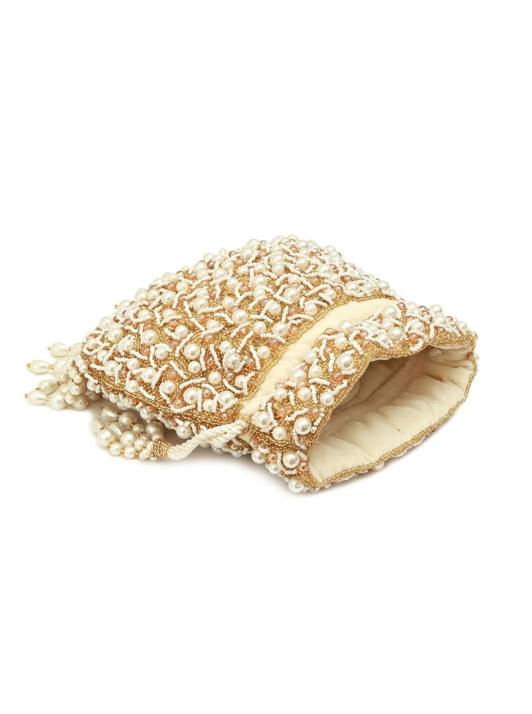 Beige and white beaded pouch on a white background