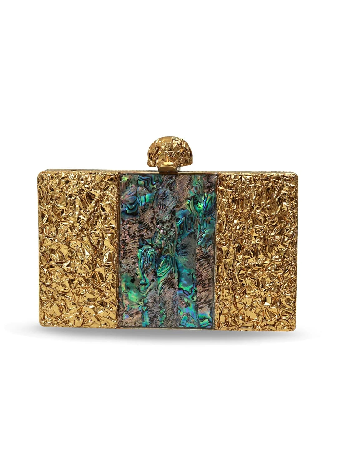 Gold clutch with a central gemstone on a white background