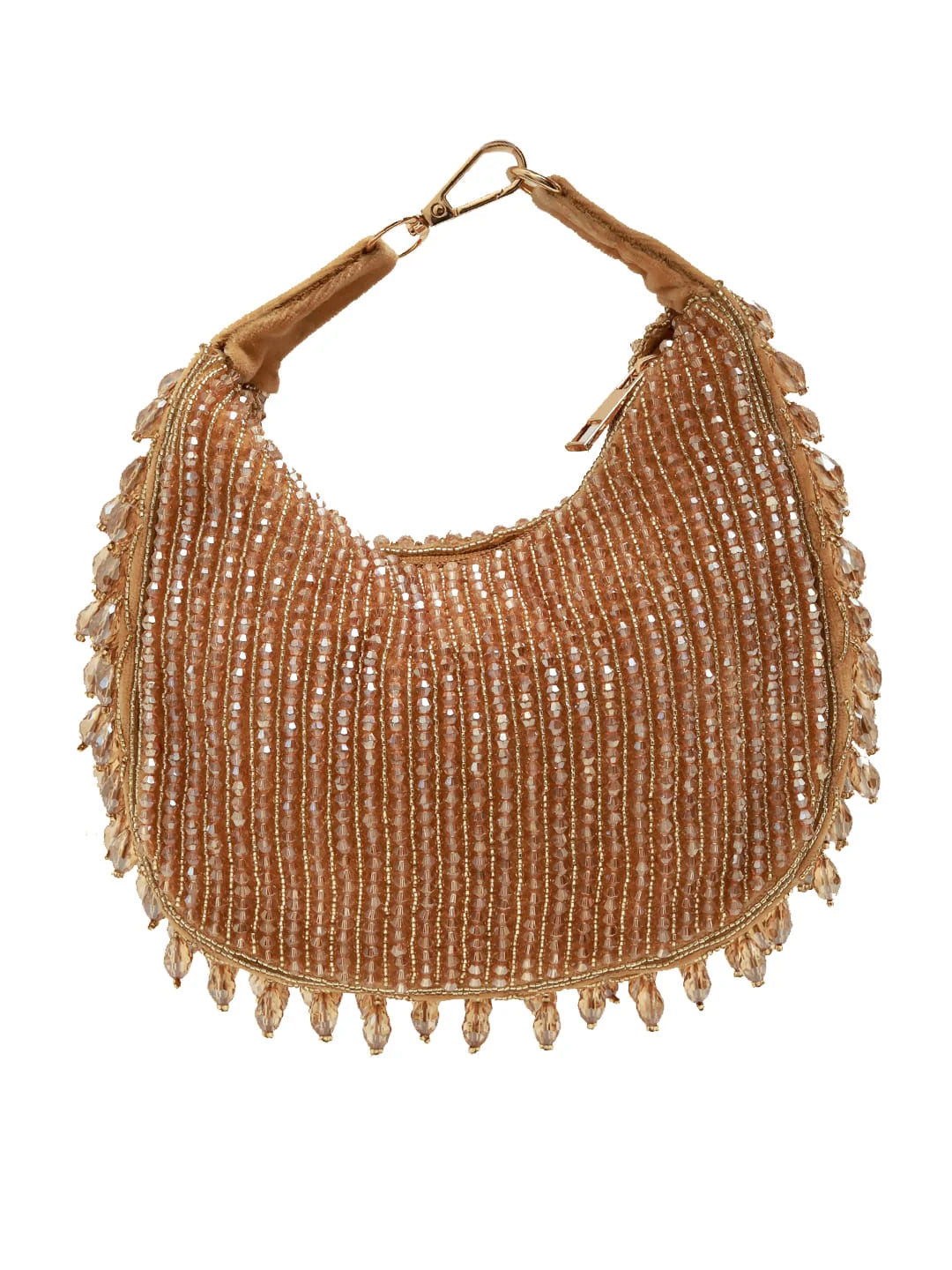 Brown beaded handbag with fringe on a white background