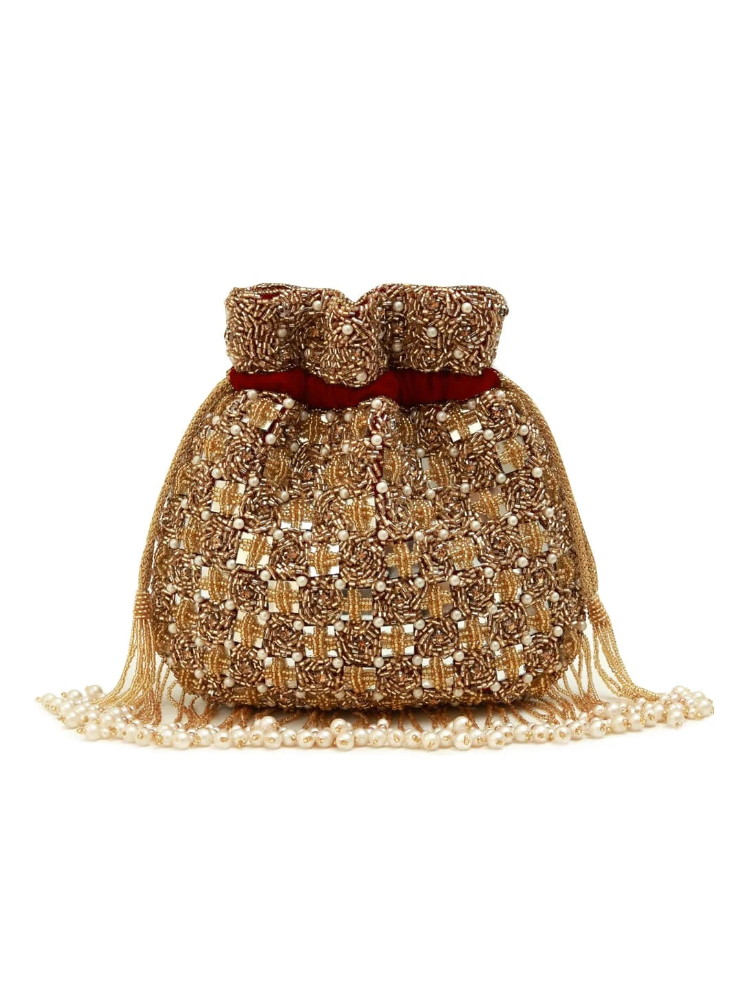 Gold beaded handbag with pearl fringe on a white background