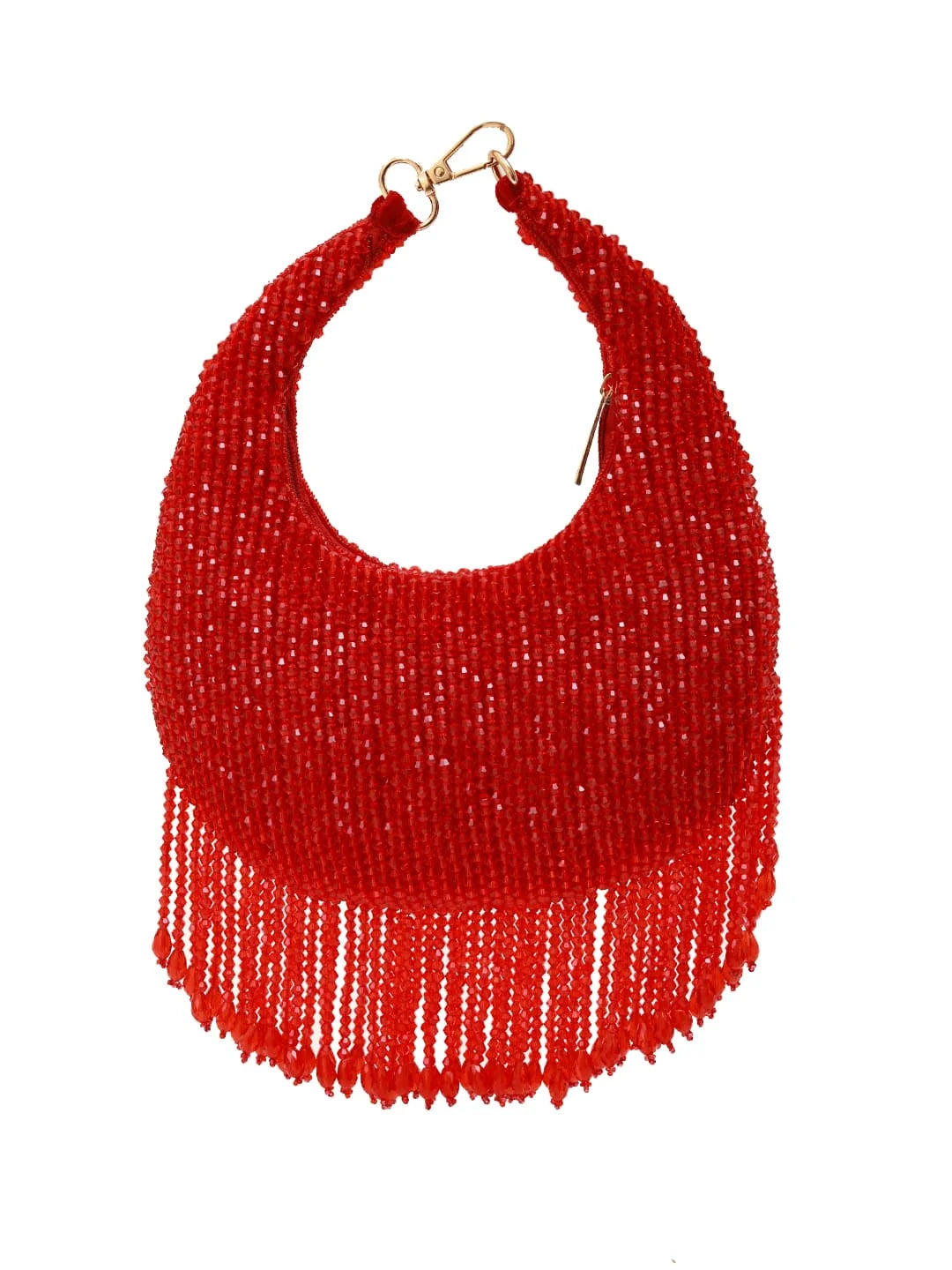 Red beaded necklace with fringe on a white background