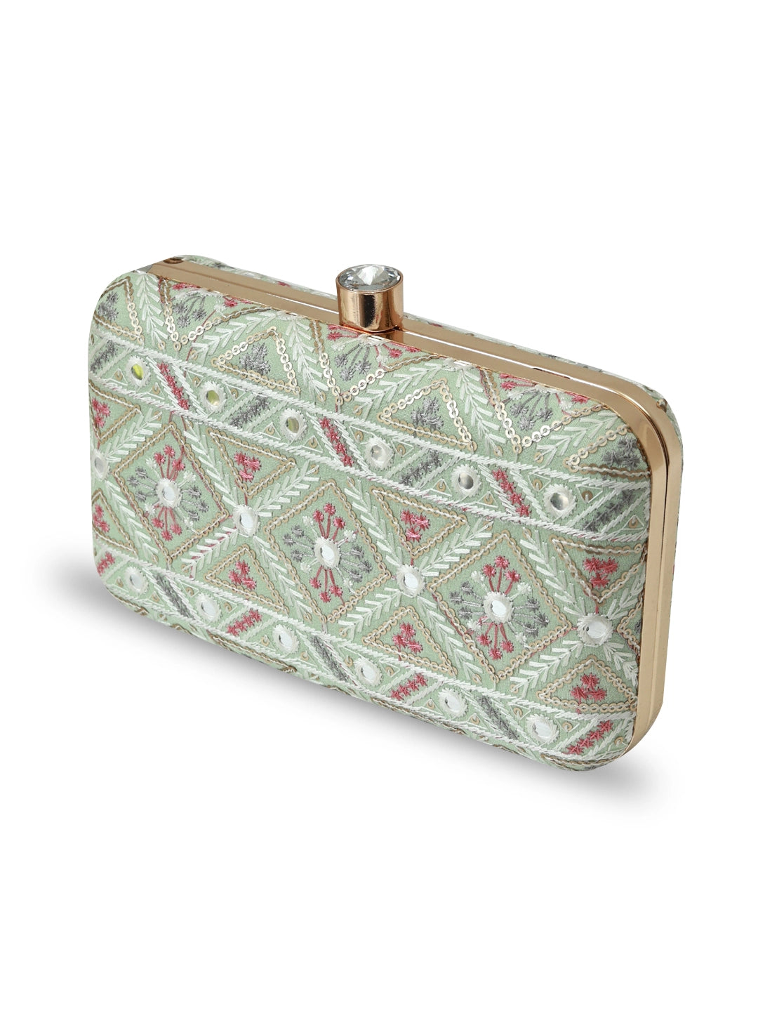 Ariba Green Box Clutch by The Tan Clan featuring a sleek rectangular design with a smooth green finish and elegant clasp closure.