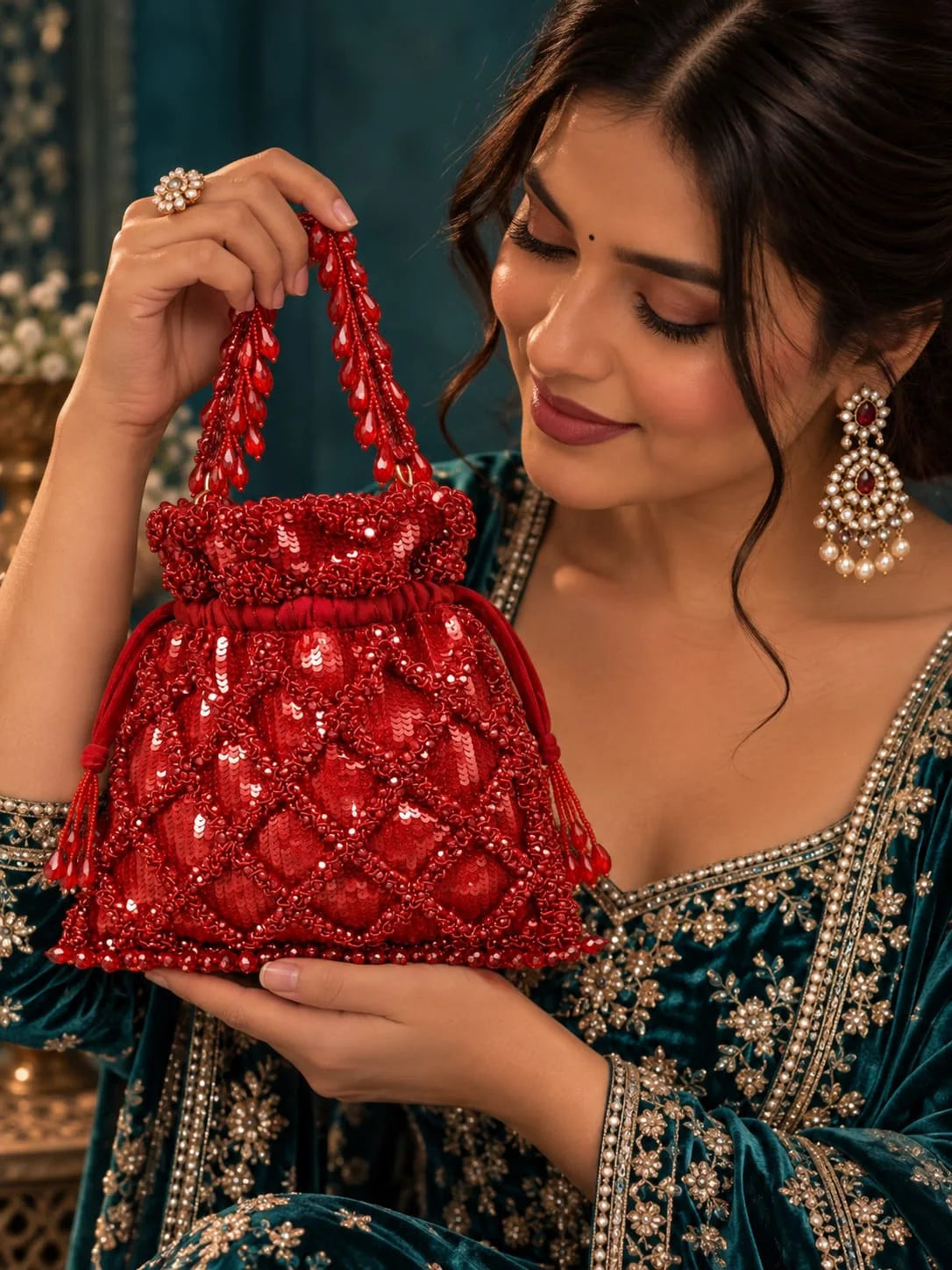 Red sequined tasselled potli bag by THE TAN CLAN with intricate embroidery and decorative tassels, ideal for festive occasions.