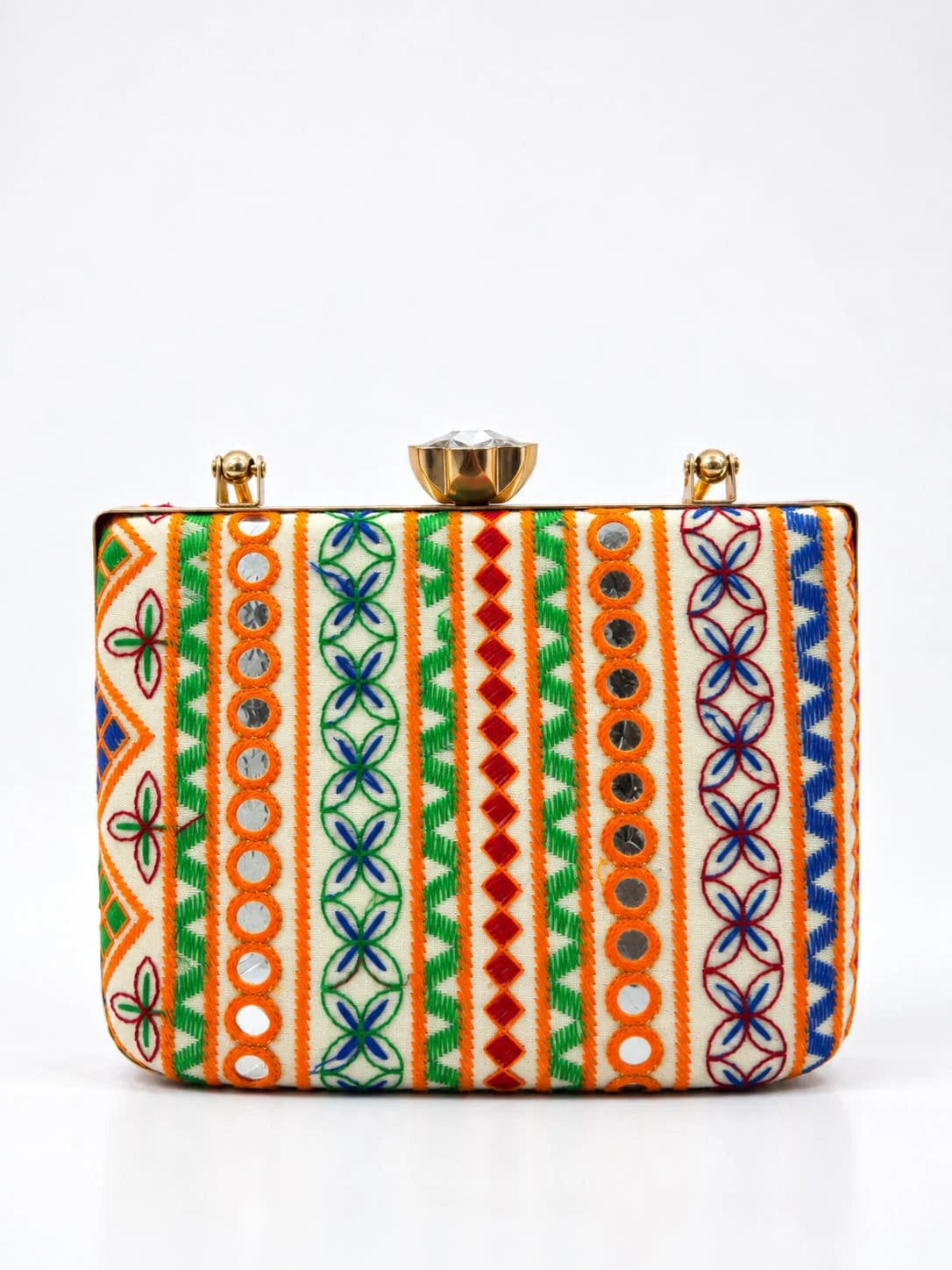 Multicolor Satrang casket clutch bag by THE TAN CLAN featuring vibrant hues and intricate design details.
